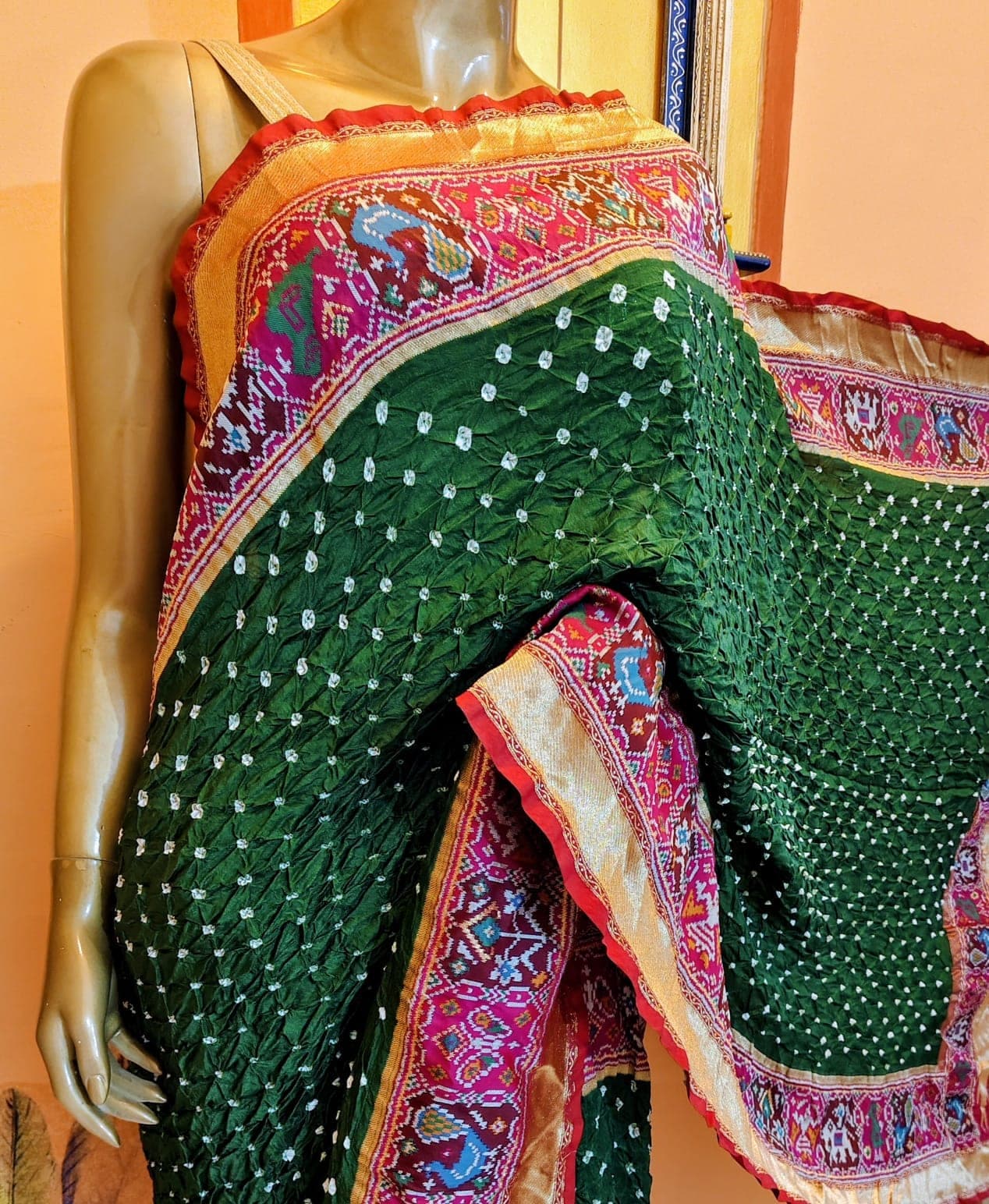 Alternative full view of the parrot-green saree