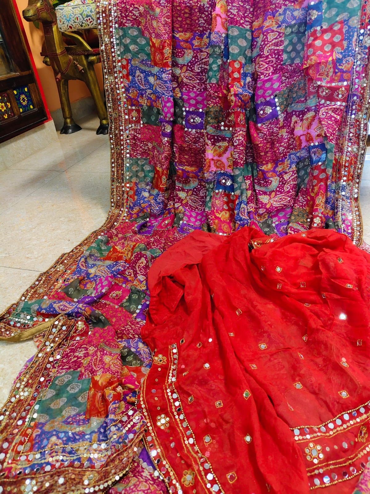 Draped multicolour patchwork saree