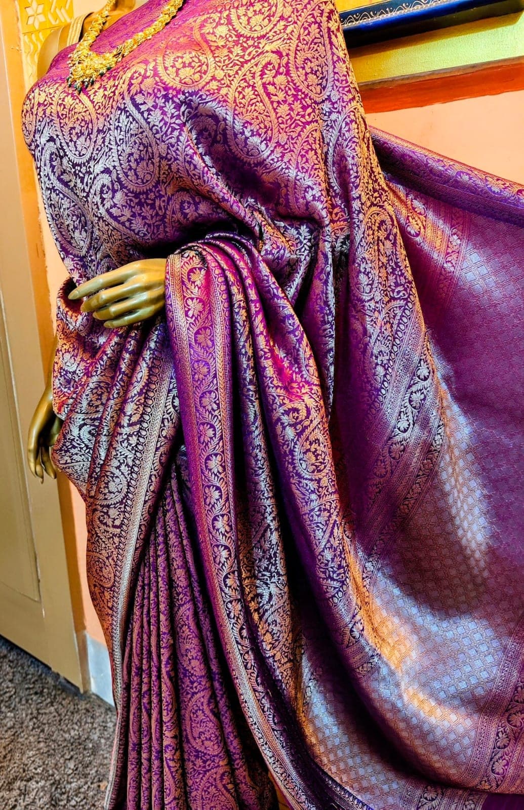 Purple saree drape and fall